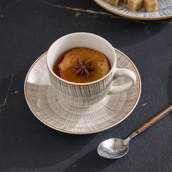 Set 6 Tazze da Tè con Piattino 200 cc – Virtuo Beige | New Bone China