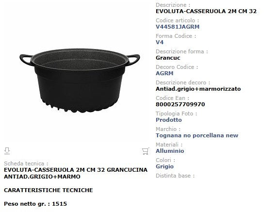 Casseruola Antiaderente 32 cm Tognana Evoluta - Fondo 3D Risparmio Energetico 25%