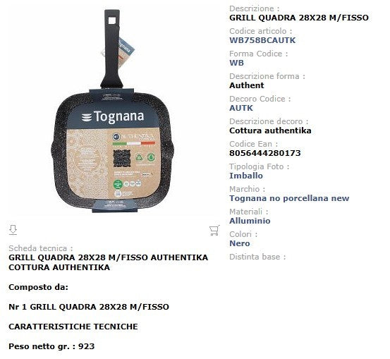 Grill Quadra Antiaderente 28x28 cm Tognana Authentika - Alluminio Forgiato Made in Italy Induzione