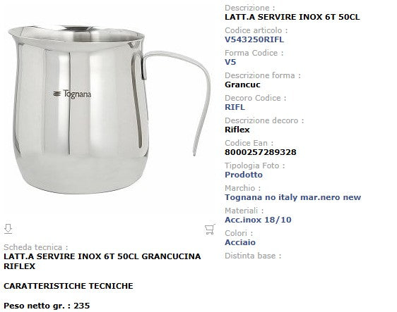 Lattiera Acciaio Inox 50 cl Tognana Riflex - Montalatte Cappuccino 6 Tazze