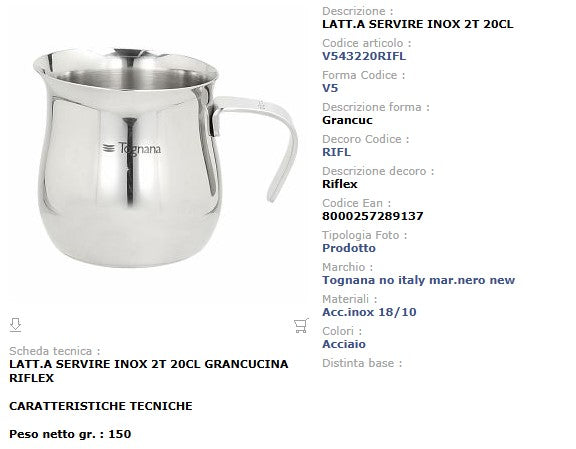 Lattiera Acciaio Inox 20 cl Tognana Riflex - Montalatte Cappuccino 2 Tazze