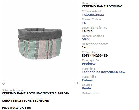 Cestino Pane Rotondo Cotone 18 cm Tognana Jardin - Righe Rosa Verde Acqua Grigio