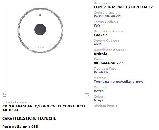 Coperchio in Vetro 32 cm con Sfiato - Pomello Ardesia Linea Cooking Circle Tognana