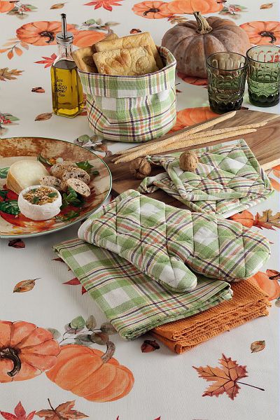Cestino Pane Rotondo Cotone 18 cm Tognana Autunno - Decori Scozzesi Verde Arancio