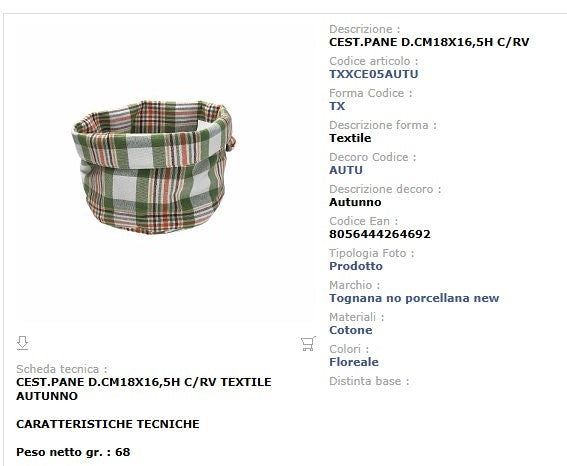 Cestino Pane Rotondo Cotone 18 cm Tognana Autunno - Decori Scozzesi Verde Arancio