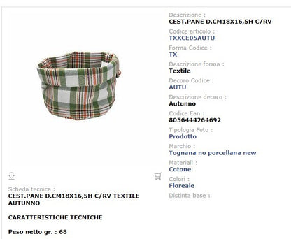 Cestino Pane Rotondo Cotone 18 cm Tognana Autunno - Decori Scozzesi Verde Arancio