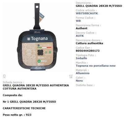 Grill Quadra Antiaderente 28x28 cm Tognana Authentika - Alluminio Forgiato Made in Italy Induzione