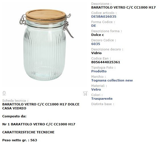 Barattolo Vetro con Coperchio 1000 cc Tognana Vidro - Contenitore Cucina Bambù