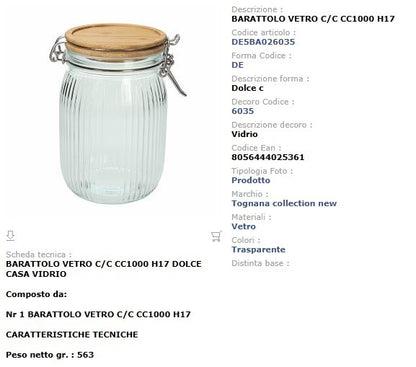 Barattolo Vetro con Coperchio 1000 cc Tognana Vidro - Contenitore Cucina Bambù