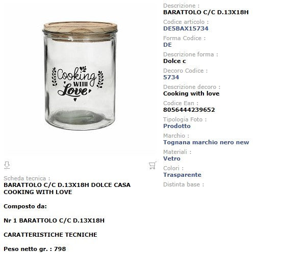 Barattolo Vetro con Coperchio 1850 cc Tognana Cooking With Love - Contenitore Cucina Urban