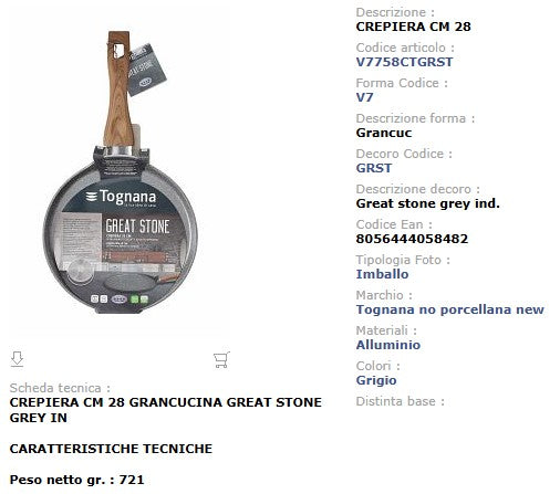 Crepiera Antiaderente 28 cm Tognana Great Stone - Alluminio Forgiato Induzione