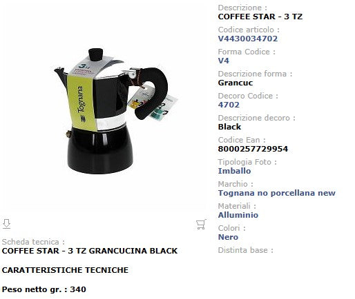 Caffettiera Coffee Star 3 Tazze Tognana Nera - Alluminio Linea Grancucina Moka Italiana
