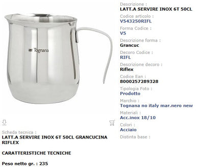 Lattiera Acciaio Inox 50 cl Tognana Riflex - Montalatte Cappuccino 6 Tazze