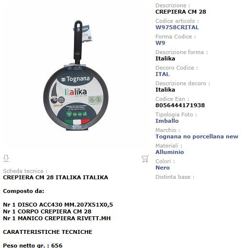 Crepiera Antiaderente 28 cm Tognana Italika Premium - Alluminio Forgiato Induzione Made in Italy