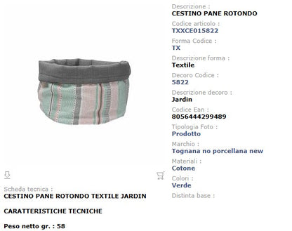 Cestino Pane Rotondo Cotone 18 cm Tognana Jardin - Righe Rosa Verde Acqua Grigio