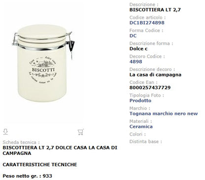 Biscottiera Tognana Dolce Casa 2,7L - Ceramica Bianca La Casa di Campagna