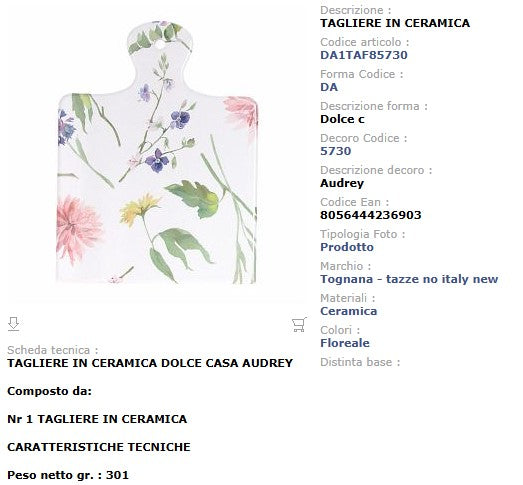 Tagliere Audrey Tognana 20x15cm - Stoneware Bianco Linea Dolce Casa