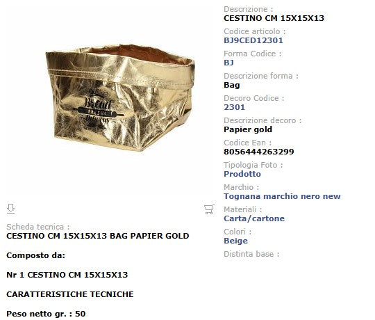 Cestino Papier Gold Tognana 15x15cm - Carta Oro Linea Bag