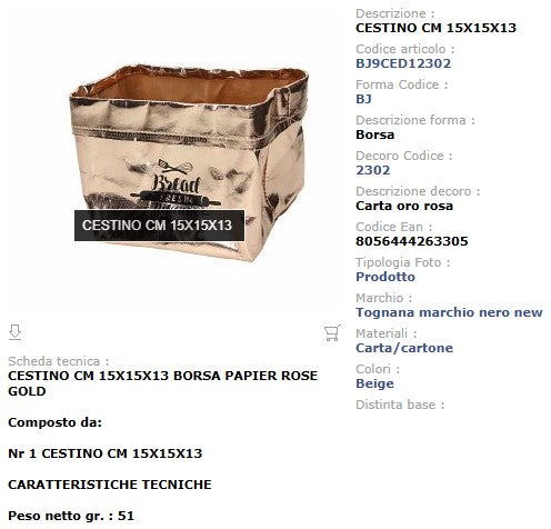 Cestino Papier Rose Gold Tognana 15x15cm - Carta Oro Rosa Linea Bag