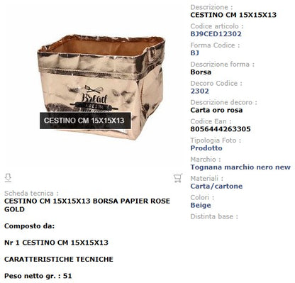 Cestino Papier Rose Gold Tognana 15x15cm - Carta Oro Rosa Linea Bag