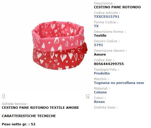 Cestino Pane Amore Tognana 18cm - Cotone Riciclato Linea Textile