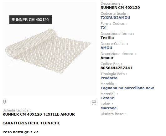 Runner Amour Tognana 40x120cm - Cotone Riciclato Beige con Cuori Linea Textile