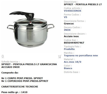 Pentola a Pressione 5 Litri Spyrit - Acciaio Inox 18/10 Tognana