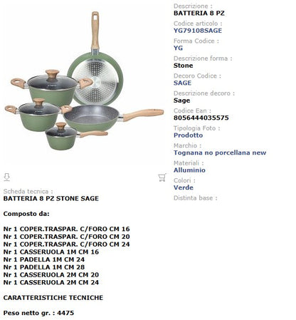 Batteria Pentole e Padelle 8 Pezzi Sage Stone - Alluminio Forgiato Verde Salvia Tognana