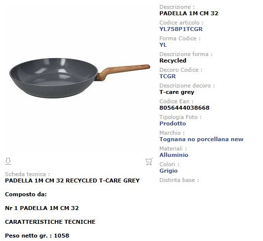 Padella 32 cm T-Care My Cooking - Alluminio Riciclato PFAS Free Tognana