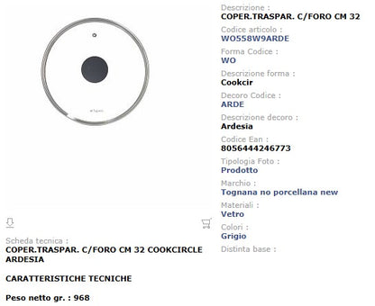 Coperchio in Vetro 32 cm con Sfiato - Pomello Ardesia Linea Cooking Circle Tognana