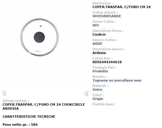 Coperchio in Vetro Trasparente 24 cm Bordo Acciaio Tognana Cooking Circle