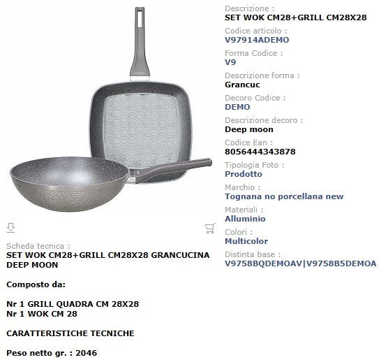 Set Wok 28 cm + Grill Quadra 28x28 cm Tognana Deep Moon - Manici Soft Touch