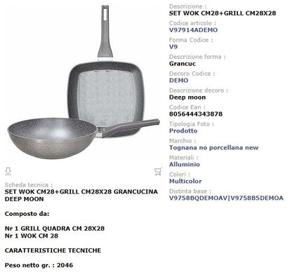 Set Wok 28 cm + Grill Quadra 28x28 cm Tognana Deep Moon - Manici Soft Touch