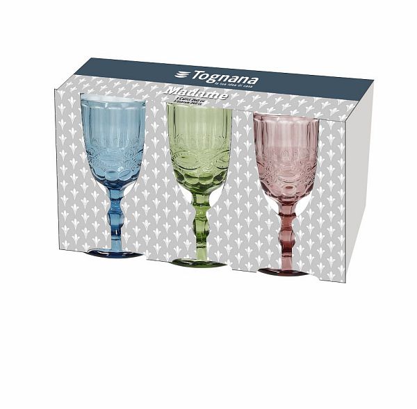 Set 3 Calici Vetro 260 cc Tognana Madame - Multicolor Decori Rilievo Lavabili Lavastoviglie