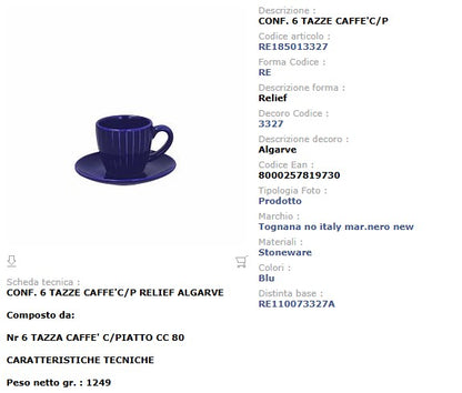 Set 6 Tazze Caffè con Piattino Tognana Relief Algarve - Casa & Stile