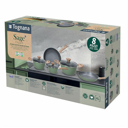 Batteria Pentole e Padelle 8 Pezzi Sage Stone - Alluminio Forgiato Verde Salvia Tognana
